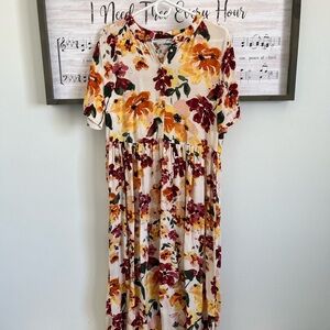 Cream Floral Short-Sleeve Midi Dress with Yellow & Burgundy Blooms
